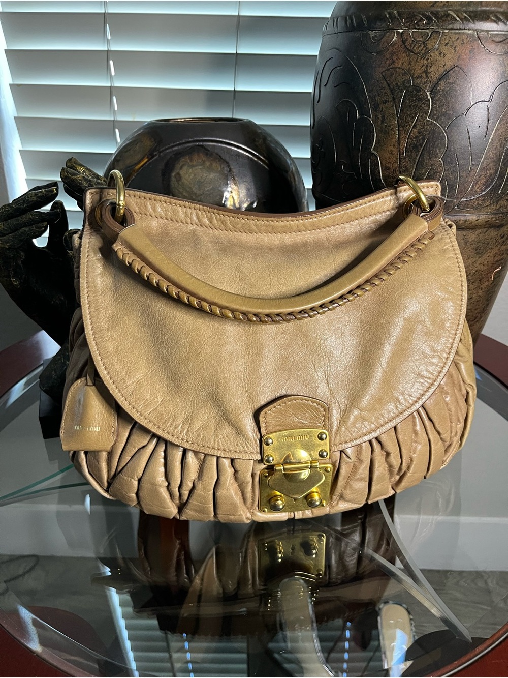 Miu Miu Beige Ruched Leather Shoulder Bag with Gold Hardware